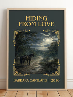 Hiding From Love Classic Book Art Print by Barbara Cartland – framed print leaning on a wooden floor