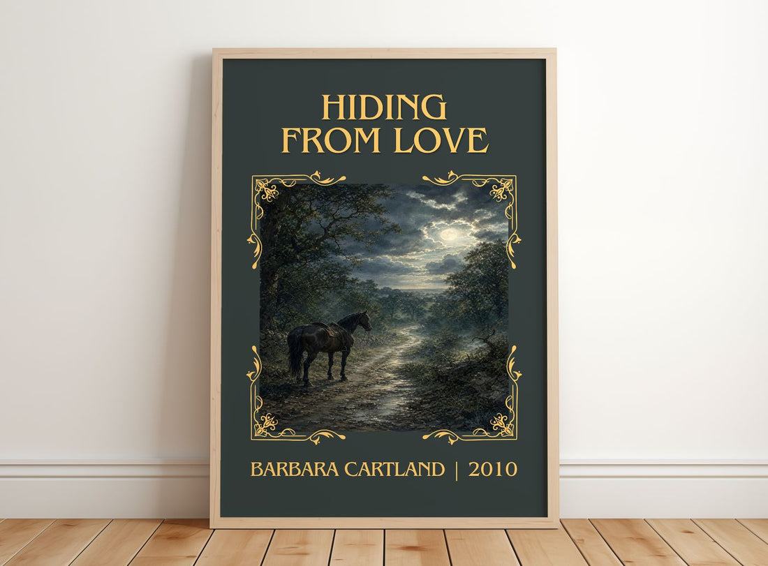 Hiding From Love Classic Book Art Print by Barbara Cartland – framed print leaning on a wooden floor
