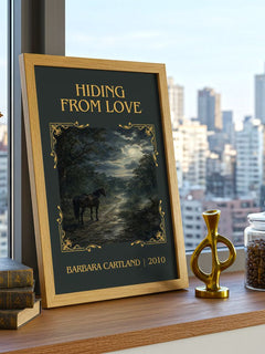 Hiding From Love Classic Book Art Print by Barbara Cartland – framed print on a city-view windowsill