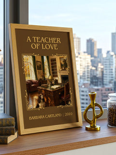 A Teacher Of Love Classic Book Art Print by Barbara Cartland – framed print on a city-view windowsill