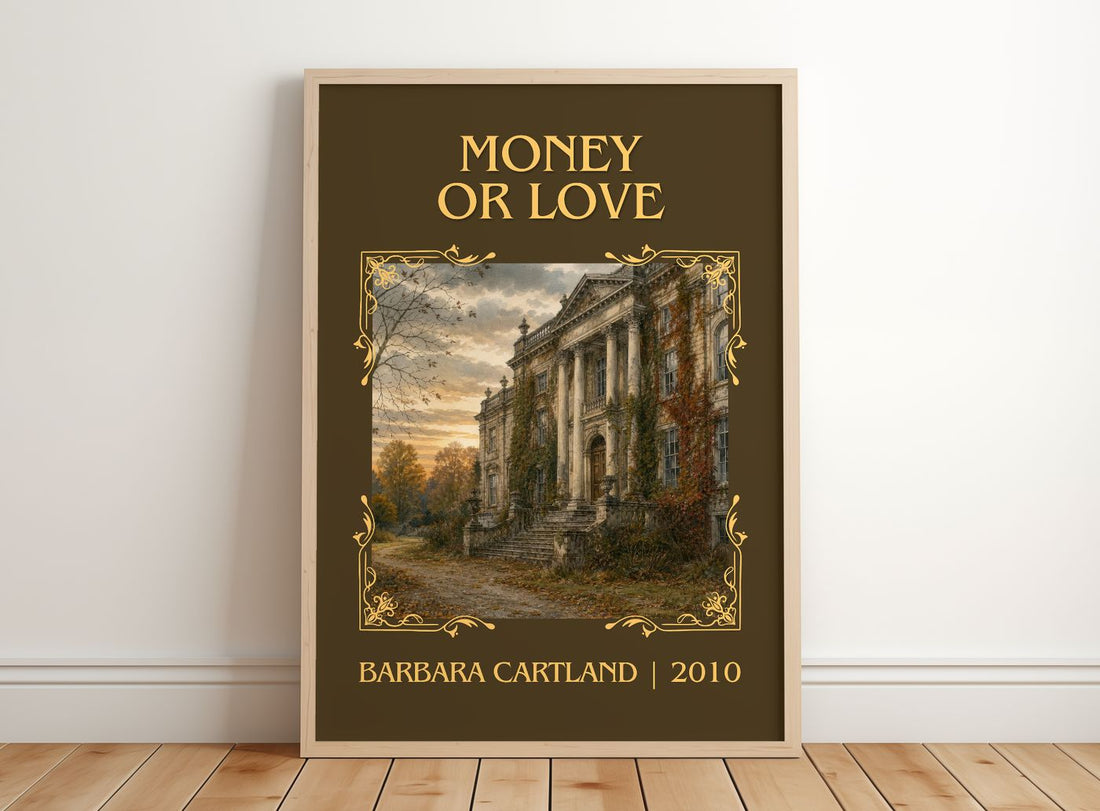 Money Or Love Classic Book Art Print by Barbara Cartland – framed print leaning on a wooden floor