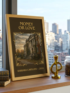 Money Or Love Classic Book Art Print by Barbara Cartland – framed print on a city-view windowsill