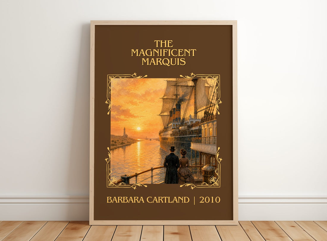 The Magnificent Marquis Classic Book Art Print by Barbara Cartland – framed print leaning on a wooden floor