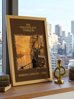 The Magnificent Marquis Classic Book Art Print by Barbara Cartland – framed print on a city-view windowsill