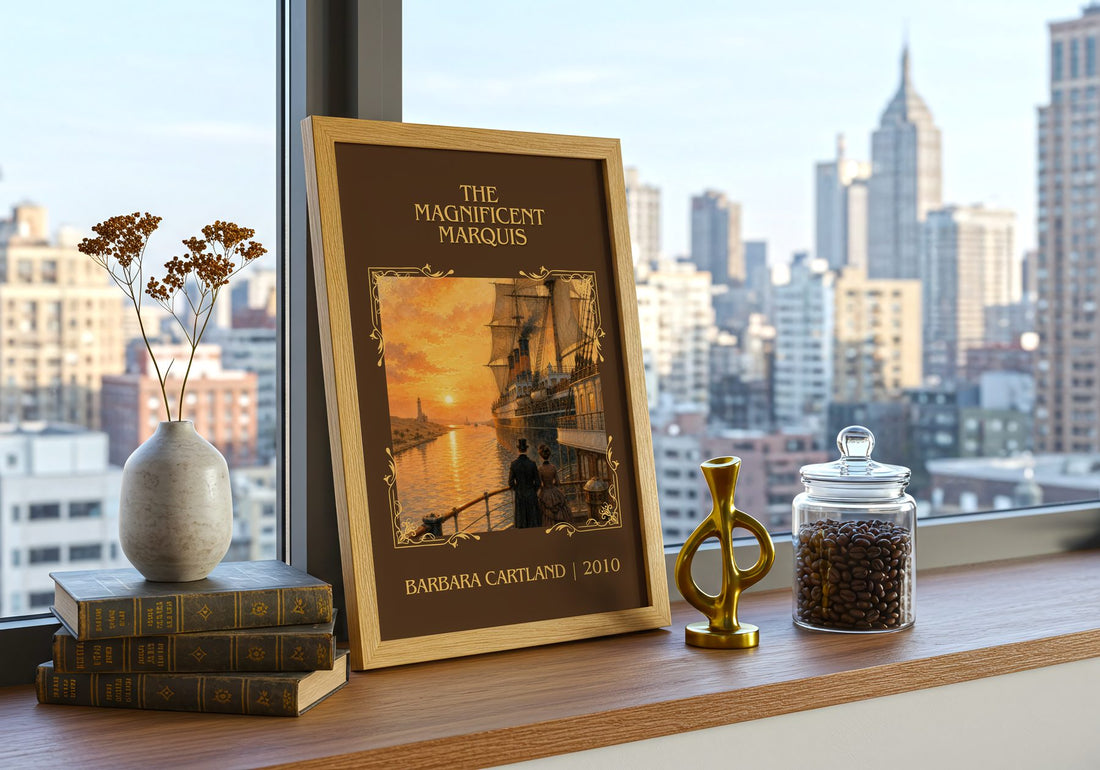 The Magnificent Marquis Classic Book Art Print by Barbara Cartland – framed print on a city-view windowsill