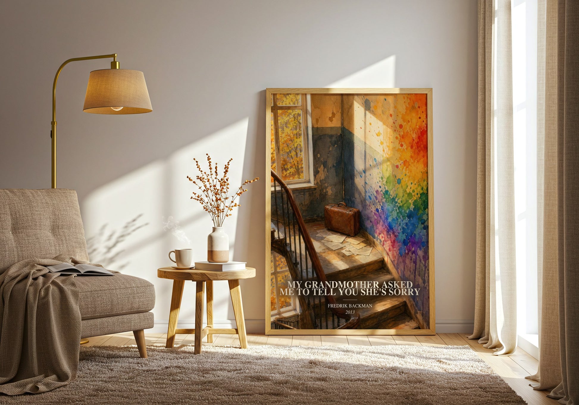 My Grandmother Asked Me To Tell You She'S Sorry watercolour print in frame leaning in hallway – contemporary fiction wall art