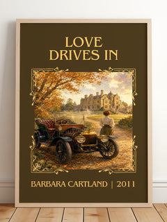 Love Drives In Classic Book Art Print by Barbara Cartland – framed print leaning on a wooden floor