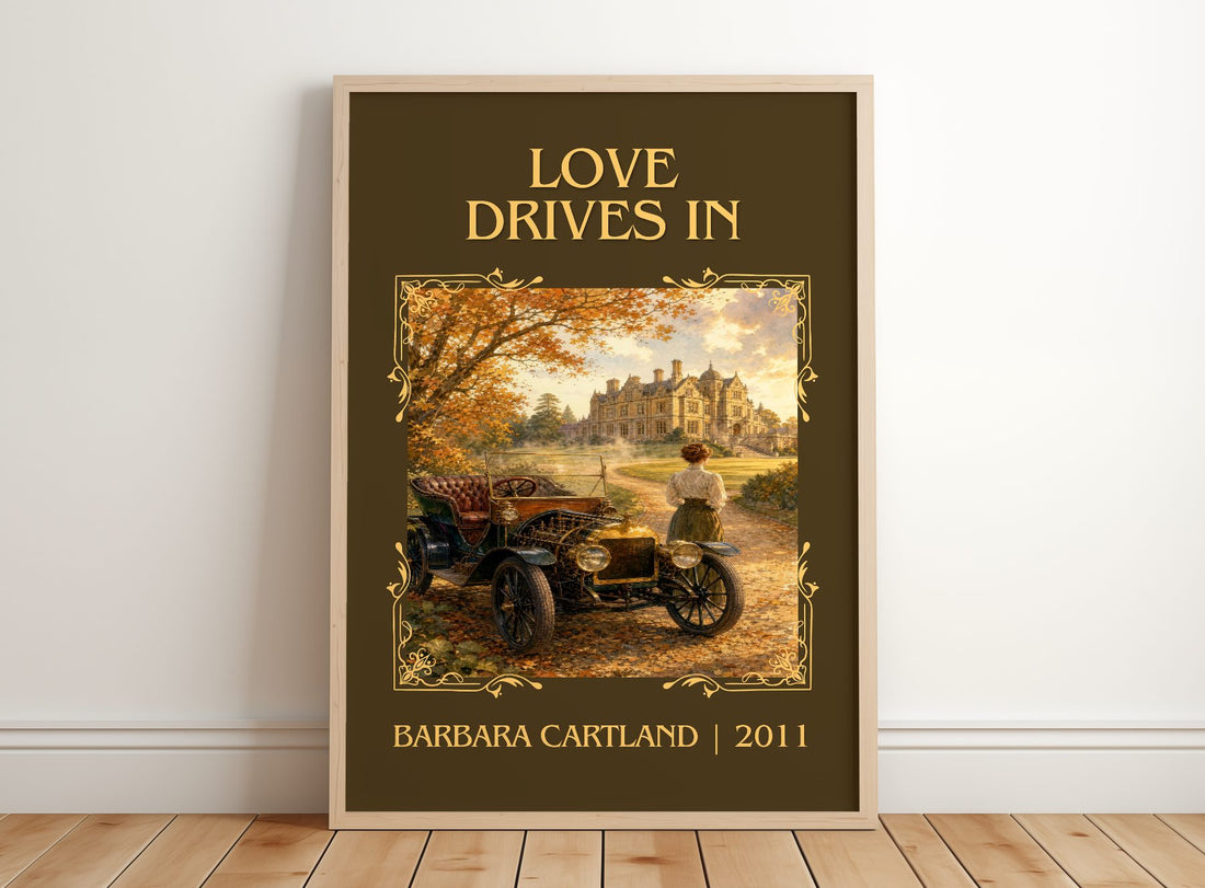 Love Drives In Classic Book Art Print by Barbara Cartland – framed print leaning on a wooden floor