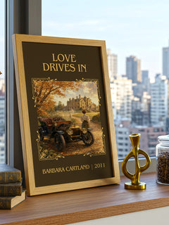 Love Drives In Classic Book Art Print by Barbara Cartland – framed print on a city-view windowsill