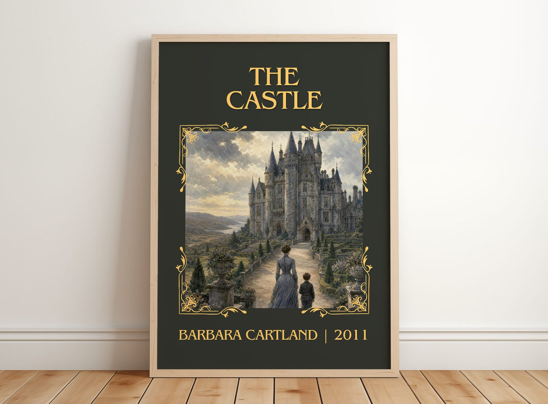 The Castle Classic Book Art Print by Barbara Cartland – framed print leaning on a wooden floor