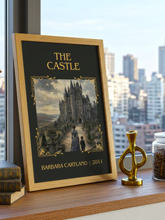 The Castle Classic Book Art Print by Barbara Cartland – framed print on a city-view windowsill