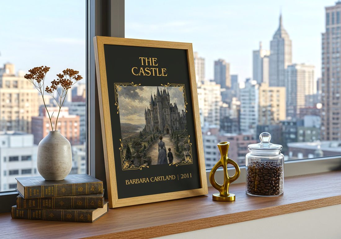 The Castle Classic Book Art Print by Barbara Cartland – framed print on a city-view windowsill