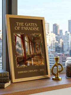 The Gates Of Paradise Classic Book Art Print by Barbara Cartland – framed print on a city-view windowsill