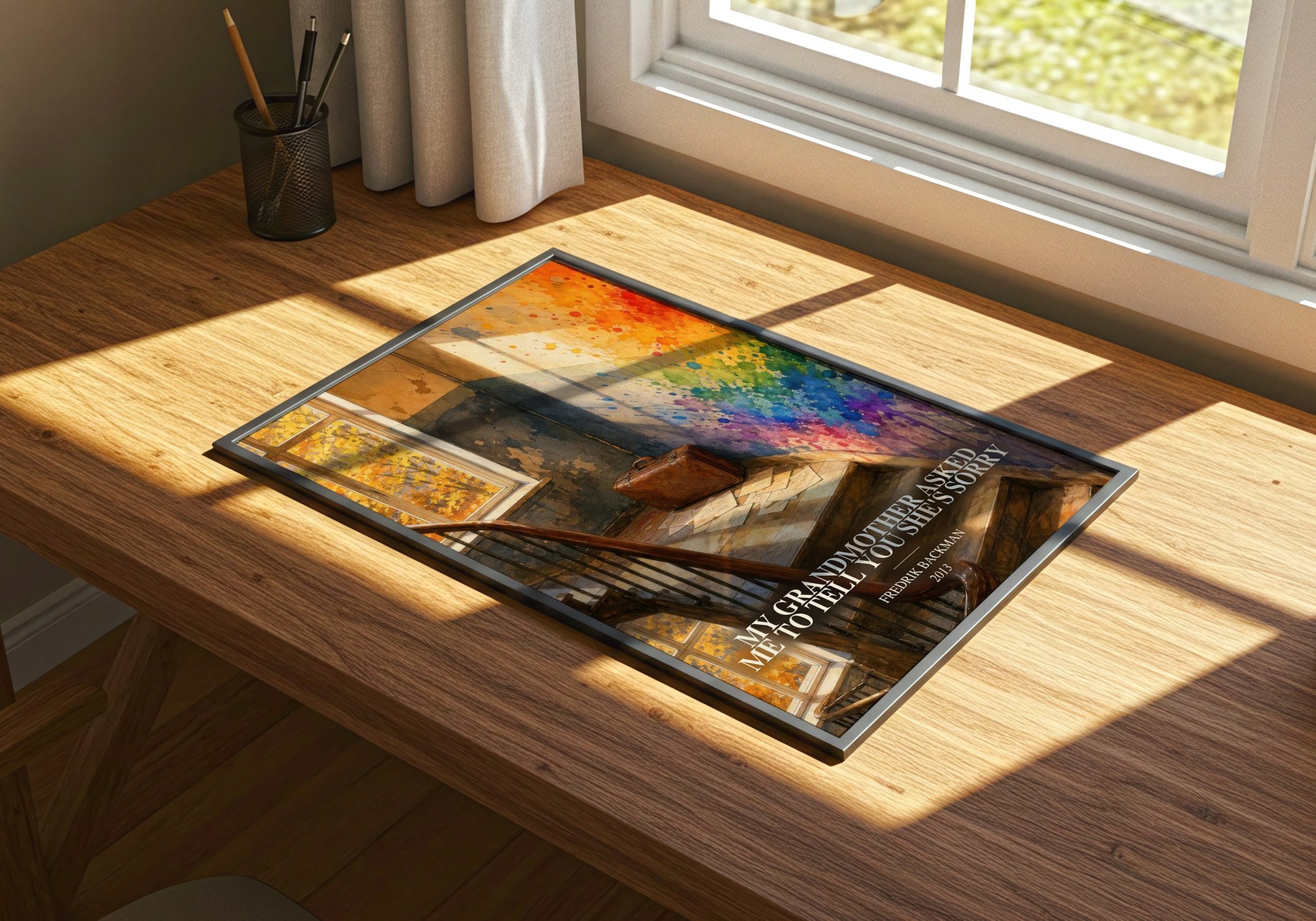My Grandmother Asked Me To Tell You She'S Sorry watercolour book poster framed on wall – contemporary fiction wall art