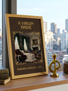 A Virgin Bride Classic Book Art Print by Barbara Cartland – framed print on a city-view windowsill