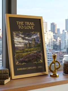 The Trail To Love Classic Book Art Print by Barbara Cartland – framed print on a city-view windowsill