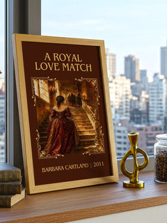 A Royal Love Match Classic Book Art Print by Barbara Cartland – framed print on a city-view windowsill