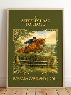 A Steeplechase For Love Classic Book Art Print by Barbara Cartland – framed print leaning on a wooden floor
