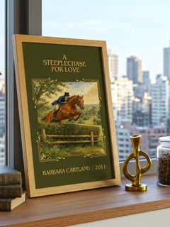A Steeplechase For Love Classic Book Art Print by Barbara Cartland – framed print on a city-view windowsill