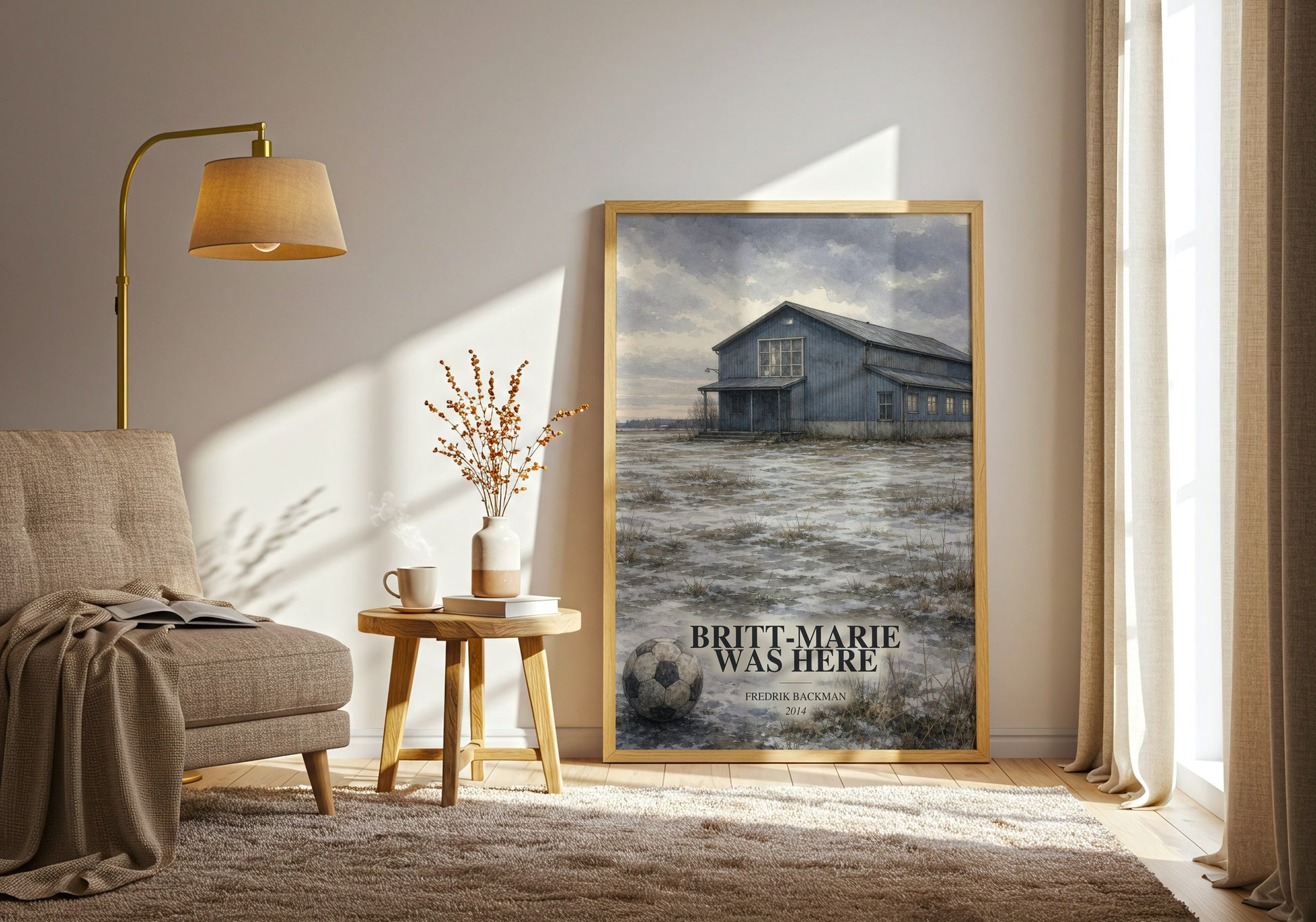Britt-Marie Was Here watercolour print in frame leaning in hallway – literary fiction wall art
