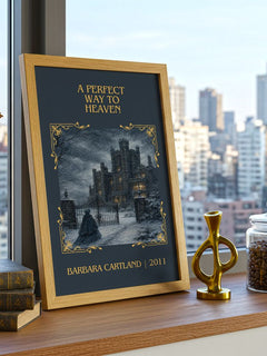 A Perfect Way To Heaven Classic Book Art Print by Barbara Cartland – framed print on a city-view windowsill