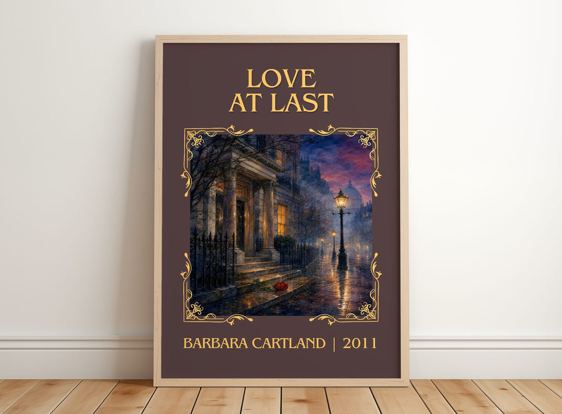 Love At Last Classic Book Art Print by Barbara Cartland – framed print leaning on a wooden floor