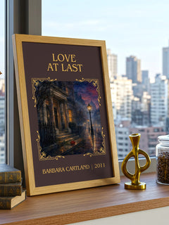 Love At Last Classic Book Art Print by Barbara Cartland – framed print on a city-view windowsill