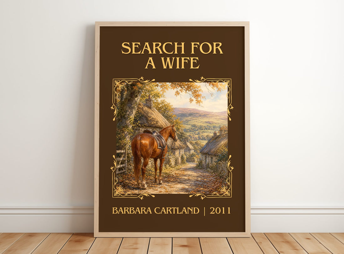 Search For A Wife Classic Book Art Print by Barbara Cartland – framed print leaning on a wooden floor