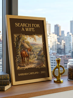 Search For A Wife Classic Book Art Print by Barbara Cartland – framed print on a city-view windowsill
