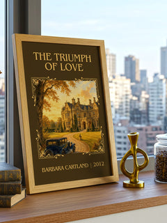 The Triumph Of Love Classic Book Art Print by Barbara Cartland – framed print on a city-view windowsill