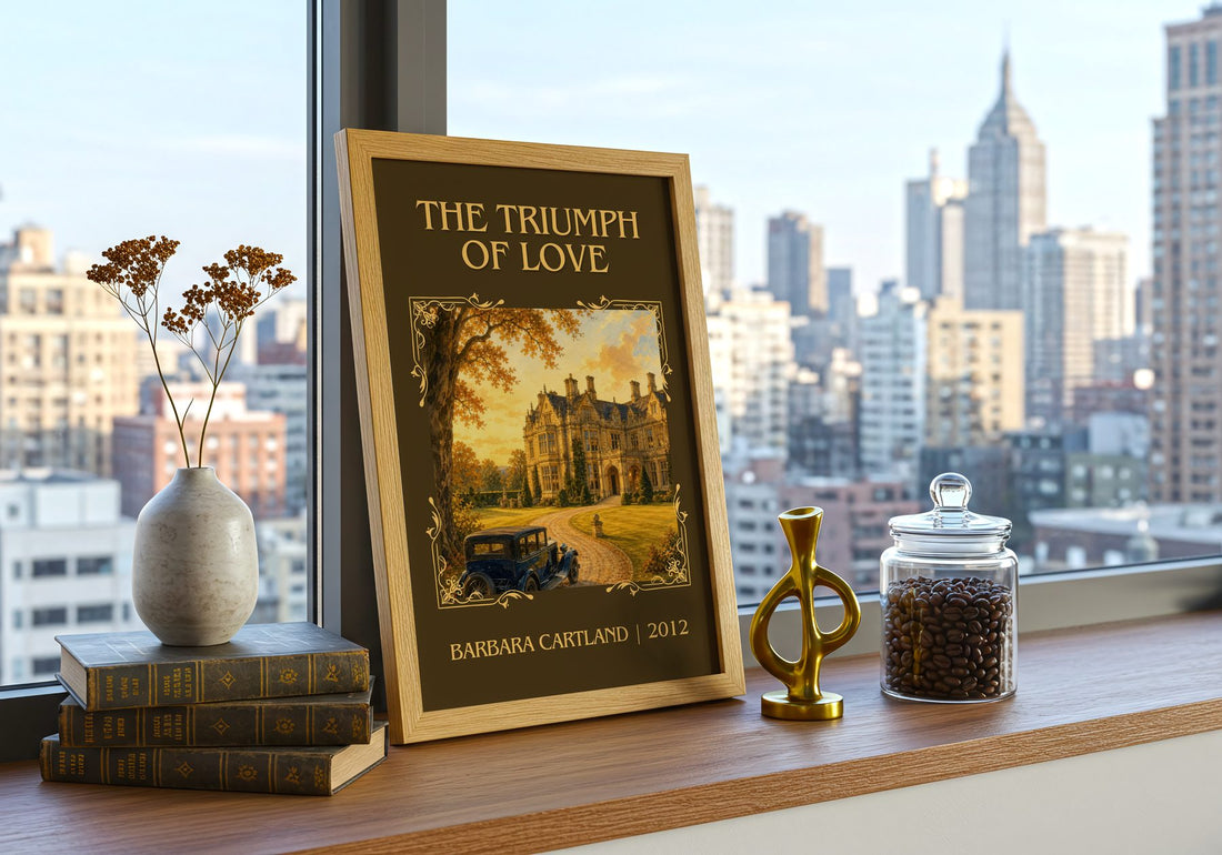 The Triumph Of Love Classic Book Art Print by Barbara Cartland – framed print on a city-view windowsill