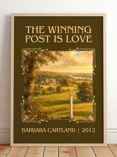 The Winning Post Is Love Classic Book Art Print by Barbara Cartland – framed print leaning on a wooden floor