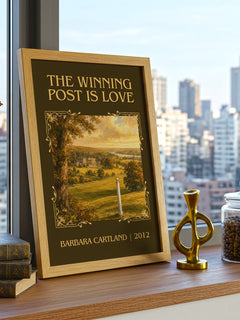 The Winning Post Is Love Classic Book Art Print by Barbara Cartland – framed print on a city-view windowsill
