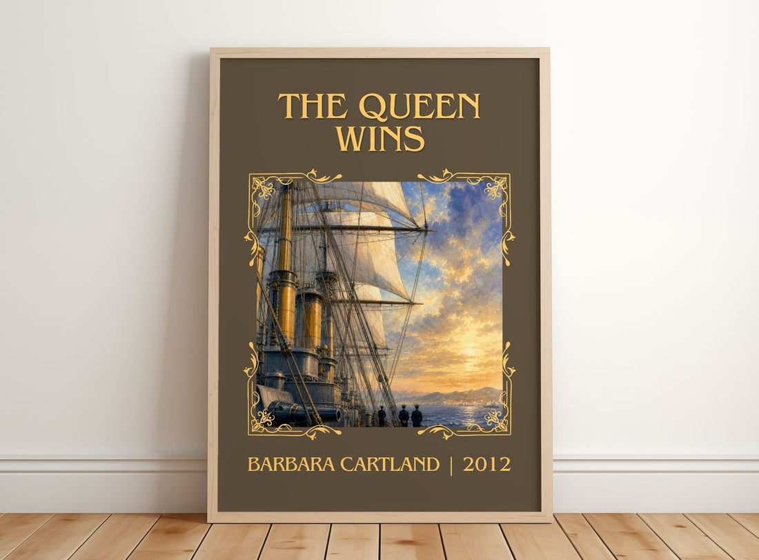The Queen Wins Classic Book Art Print by Barbara Cartland – framed print leaning on a wooden floor