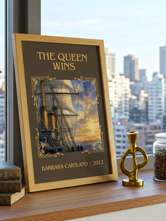 The Queen Wins Classic Book Art Print by Barbara Cartland – framed print on a city-view windowsill