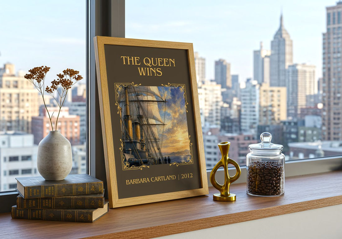 The Queen Wins Classic Book Art Print by Barbara Cartland – framed print on a city-view windowsill