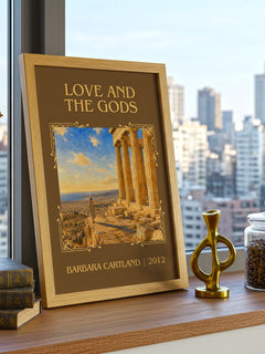 Love And The Gods Classic Book Art Print by Barbara Cartland – framed print on a city-view windowsill