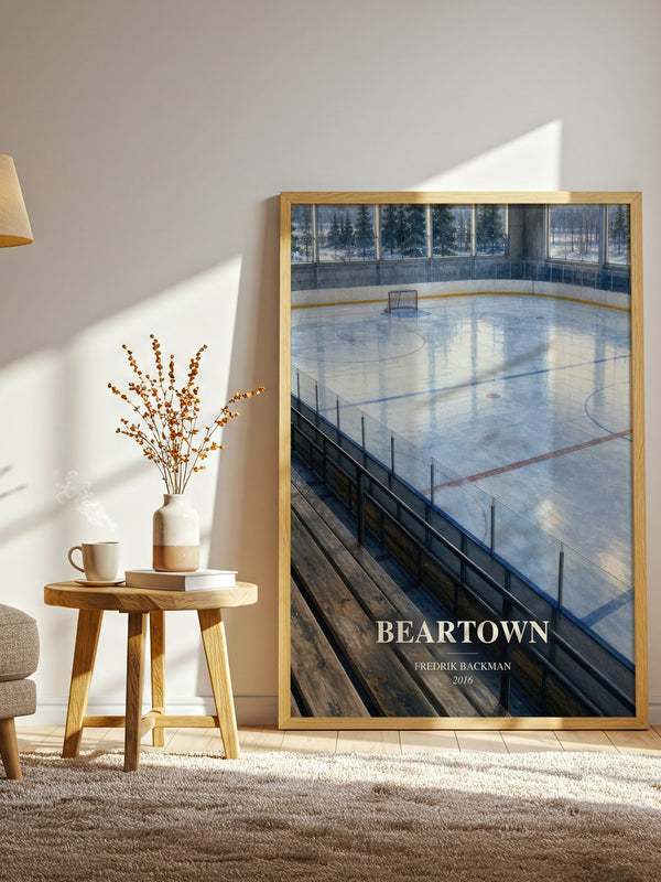 Beartown watercolour print in frame leaning in hallway – contemporary fiction wall art