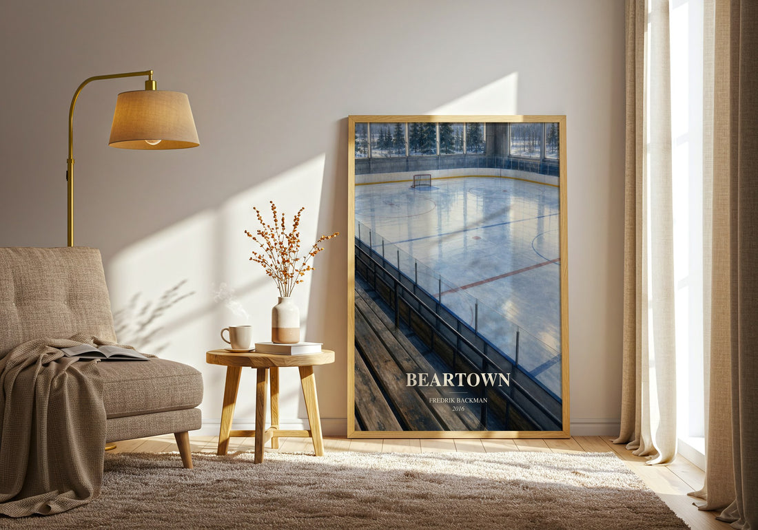 Beartown watercolour print in frame leaning in hallway – contemporary fiction wall art (mockup)