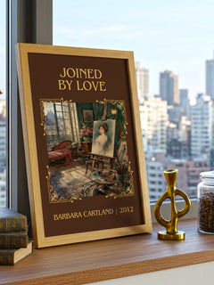 Joined By Love Classic Book Art Print by Barbara Cartland – framed print on a city-view windowsill