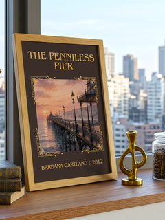 The Penniless Pier Classic Book Art Print by Barbara Cartland – framed print on a city-view windowsill