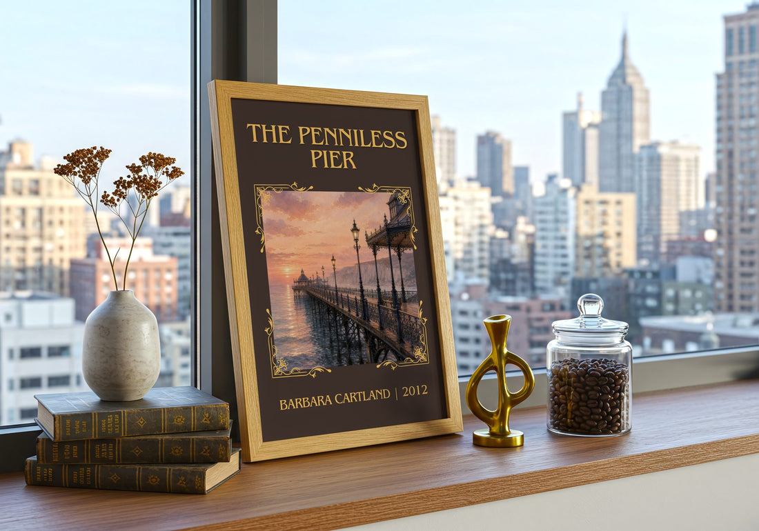 The Penniless Pier Classic Book Art Print by Barbara Cartland – framed print on a city-view windowsill