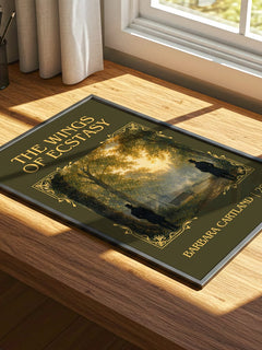 The Wings Of Ecstasy Classic Book Art Print by Barbara Cartland – print on a sunlit desk