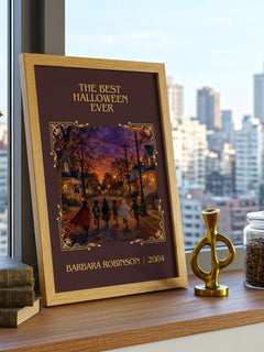 The Best Halloween Ever Classic Book Art Print by Barbara Robinson – framed print on a city-view windowsill