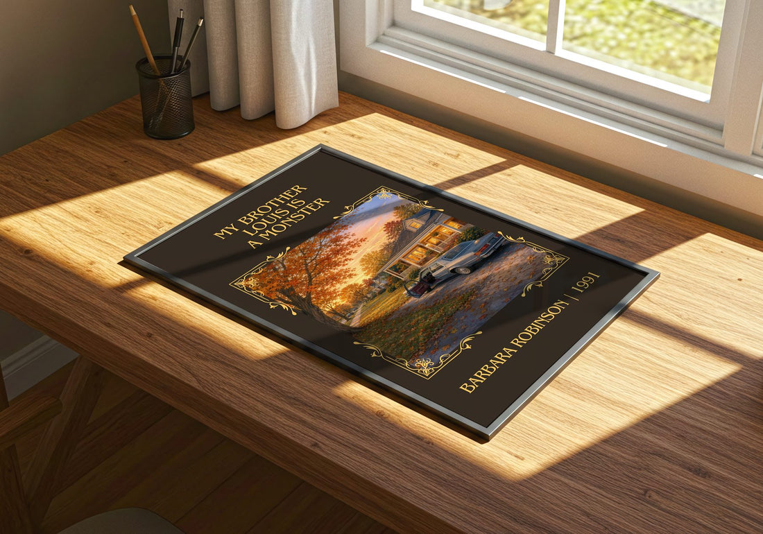 My Brother Louis Is A Monster Classic Book Art Print by B. Robinson – print on a sunlit desk