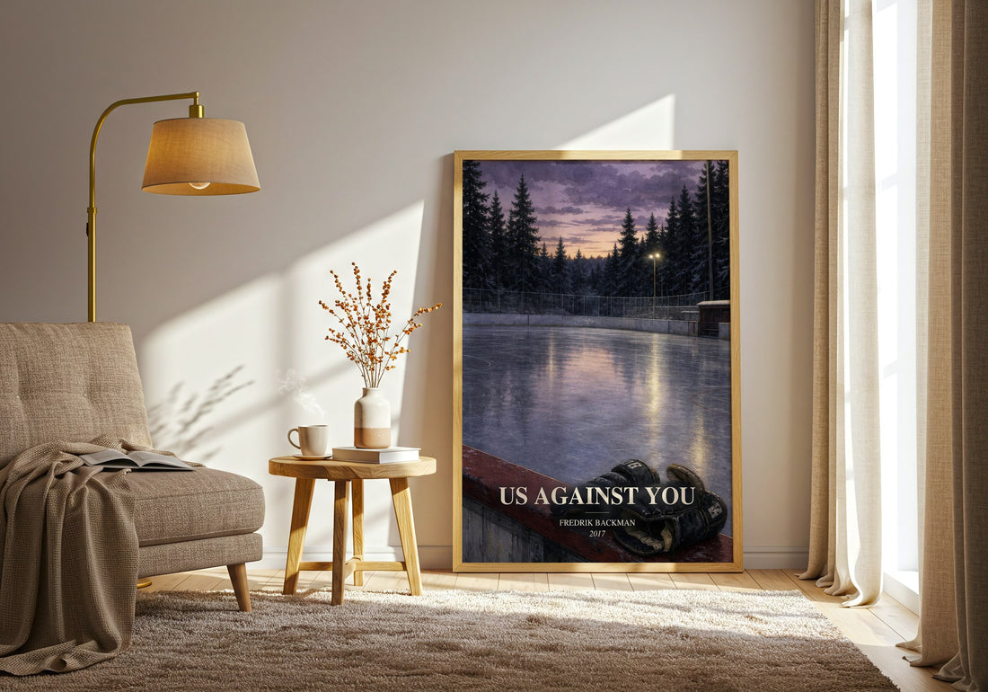 Us Against You watercolour print in frame leaning in hallway – contemporary fiction wall art (mockup)