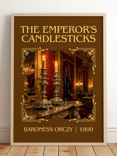 The Emperor'S Candlesticks Classic Book Art Print by Baroness Orczy – framed print leaning on a wooden floor