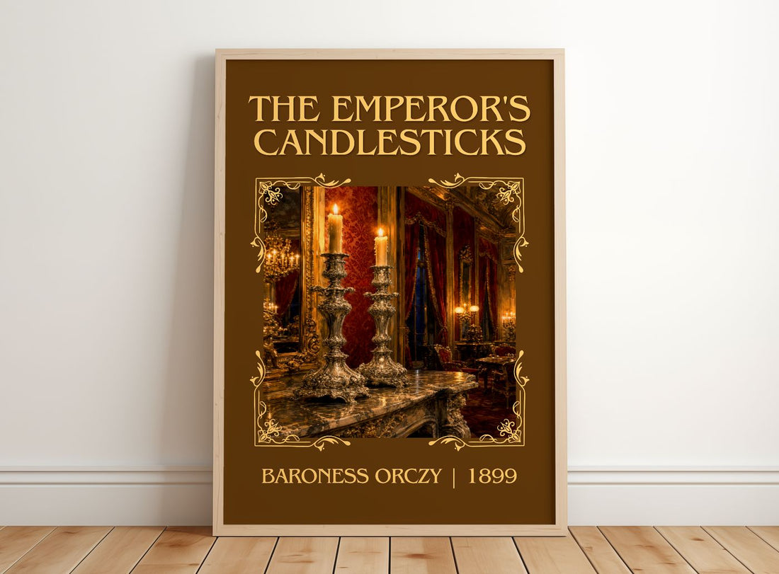 The Emperor'S Candlesticks Classic Book Art Print by Baroness Orczy – framed print leaning on a wooden floor