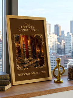 The Emperor'S Candlesticks Classic Book Art Print by Baroness Orczy – framed print on a city-view windowsill