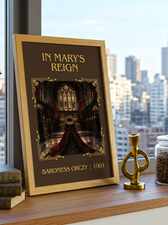 In Mary'S Reign Classic Book Art Print by Baroness Orczy – framed print on a city-view windowsill